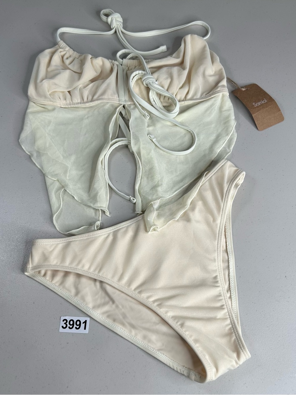 Samiol Large Off White Mesh Ruched Tankini Bikini Set